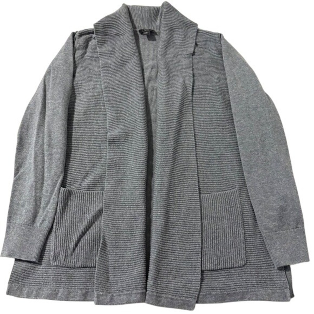Ann Taylor Factory Petite Gray Ribbed Open Front Cardigan Sweater SP 100% Cotton